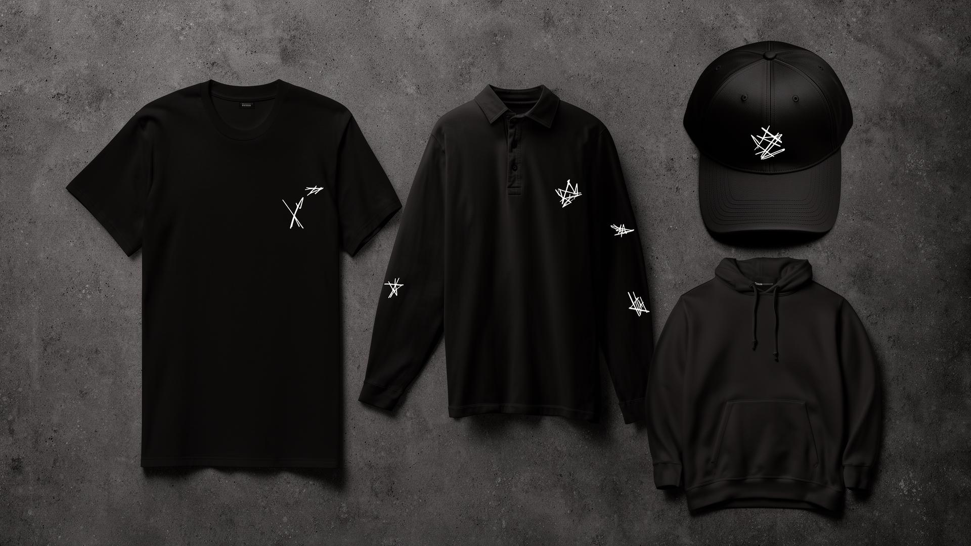 Flat-lay grid of a black t-shirt, long-sleeve, six-panel cap, and hoodie arranged on dark concrete.