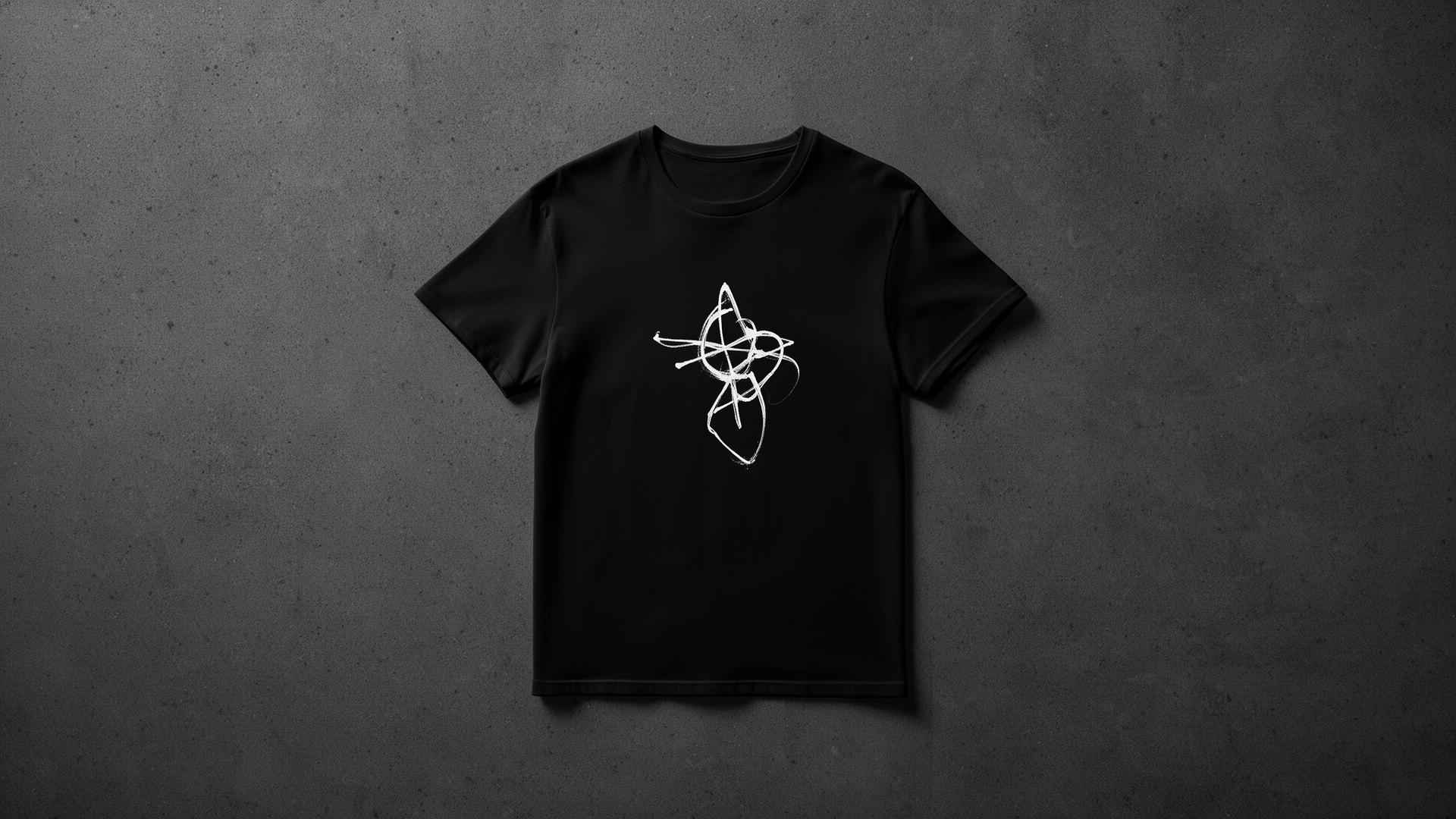 A single black t-shirt flat-lay on charcoal concrete with a minimal white chest print.