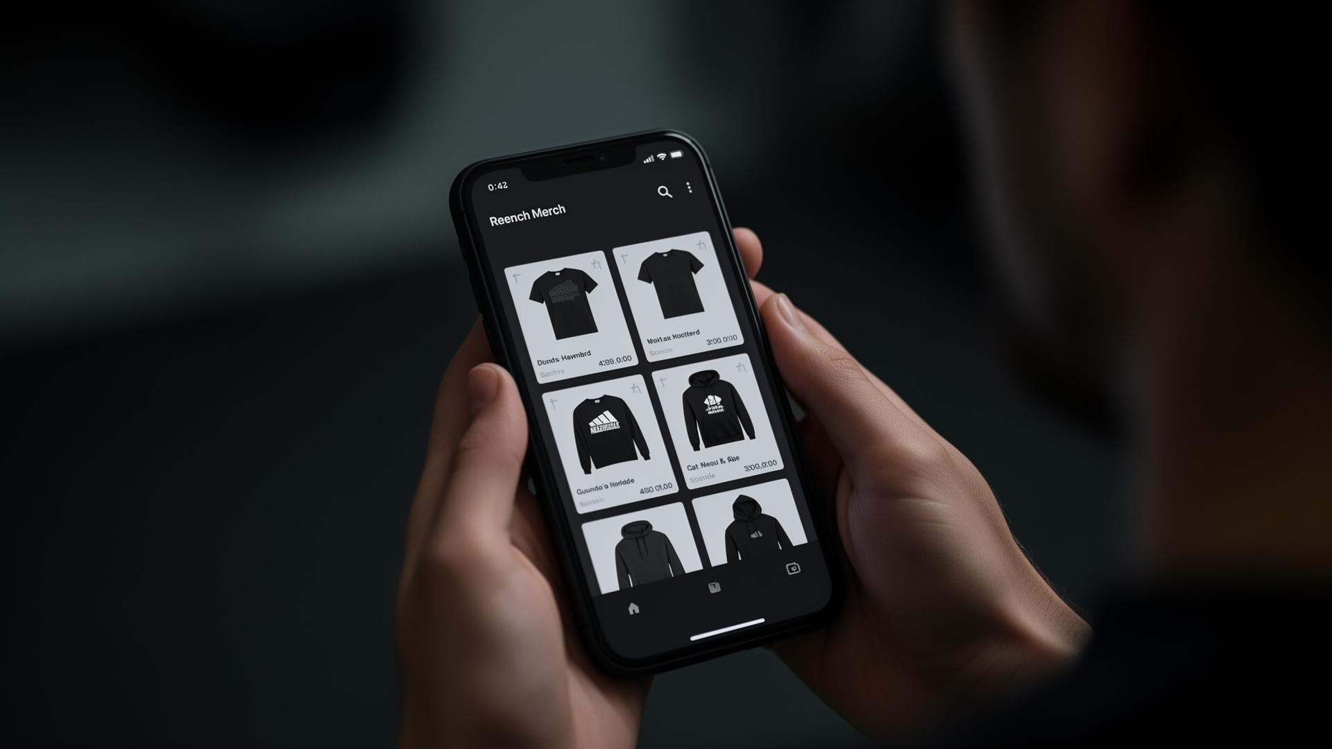 A smartphone displaying a minimal dark-themed online merch storefront with product cards.